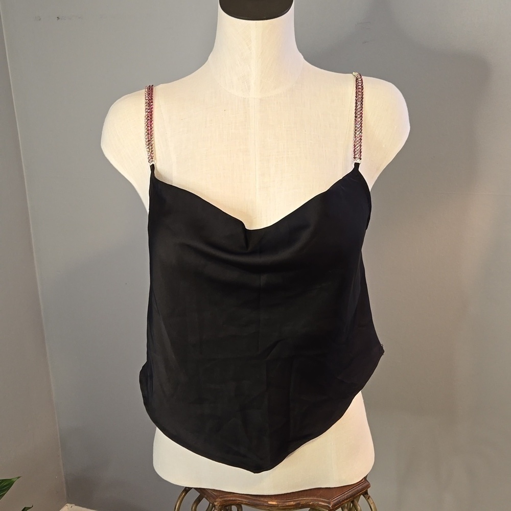 Rachel Zoe Black Satin Pink Rhinestone Strap Cropped Drape Front Cami Tank Sz M